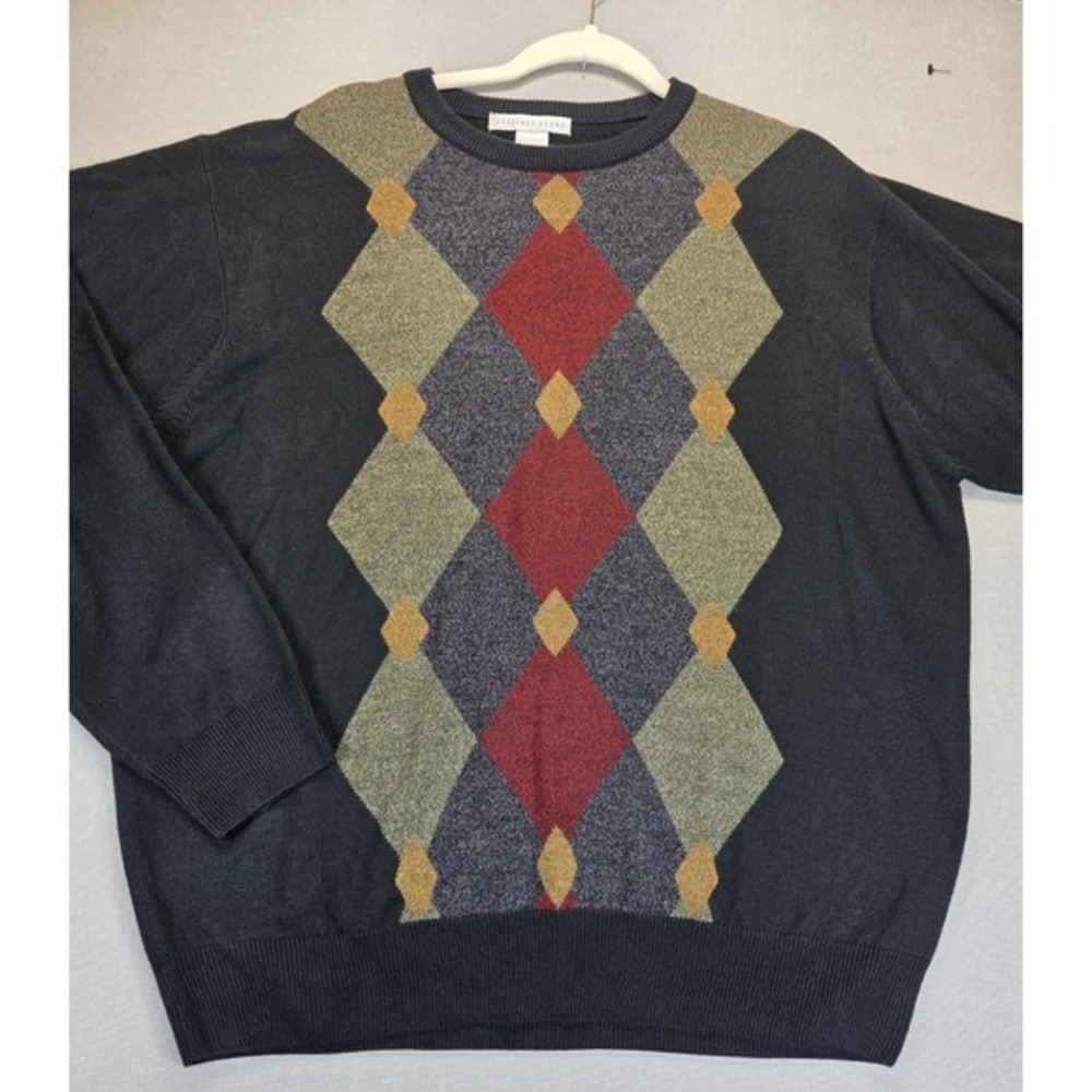 Vintage Sweater Men XL Gray Argyle Long Sleeve Crew Neck Grandpa Preppy Academia